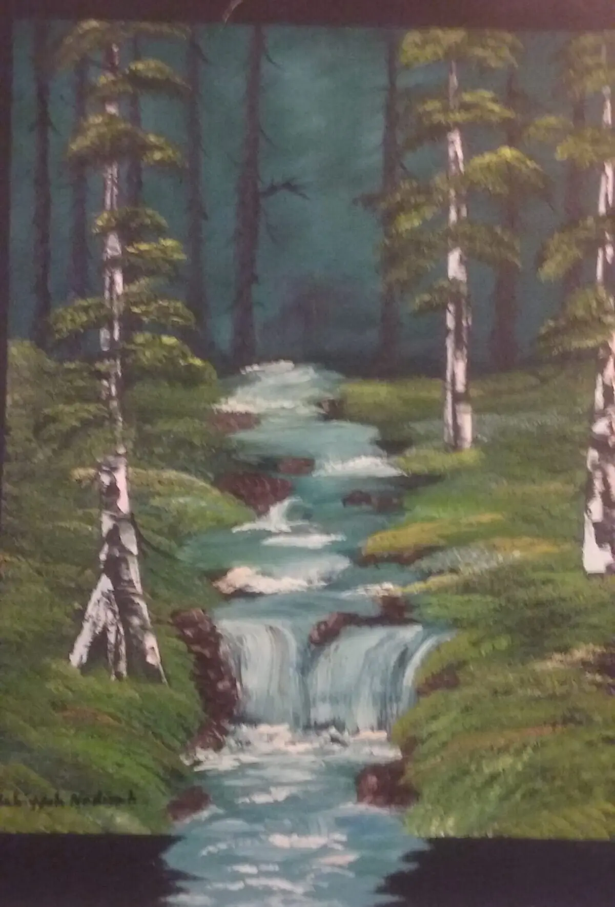 Vertical forest painting with birch trees surrounding a turquoise stream and cascading waterfalls.