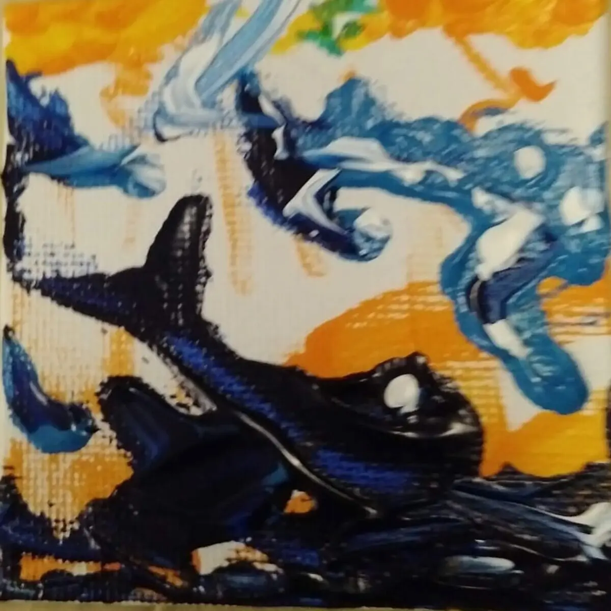 Square abstract painting with dark navy, blue, white and orange gestural forms.